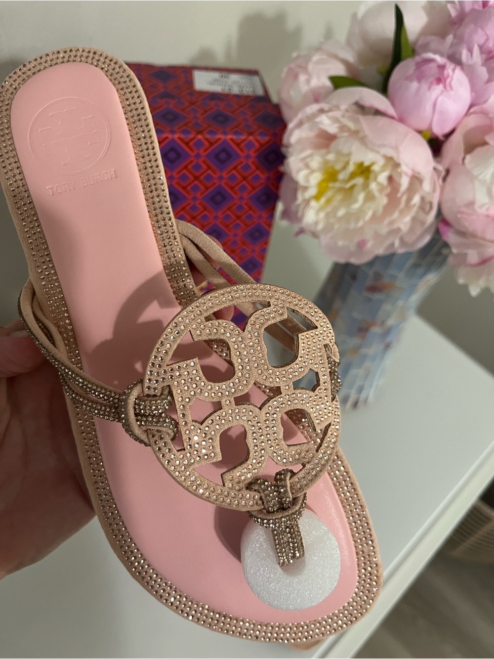 Tory Burch Blush Pink Crystal-Embellished Logo Thong Sandal